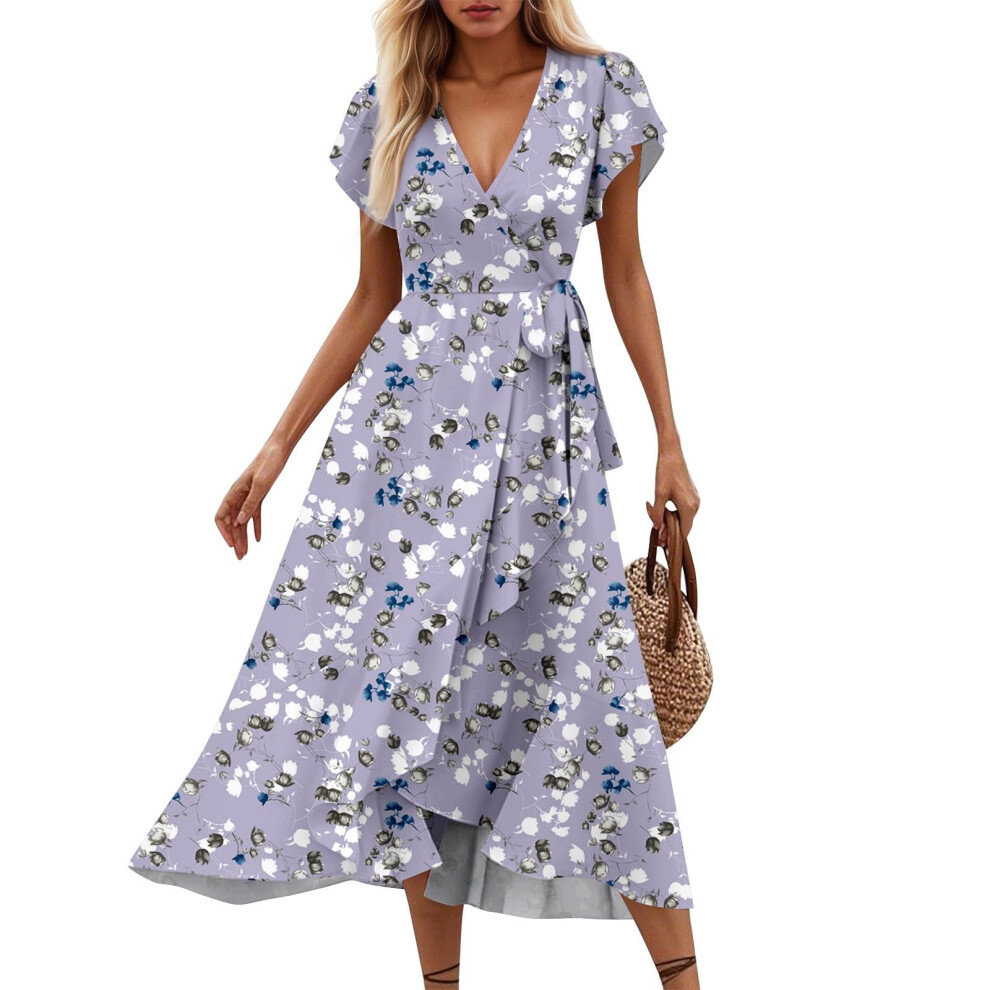 Women's Floral V-neck Short-sleeved Midi Dress,-Purple XXL