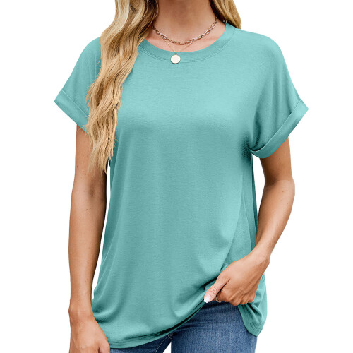 Women's Oversized Crew Neck Rolled Hem Short-Bean green M