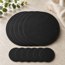 Blacck Faux Leather Round Placemats and Coasters Set of 8