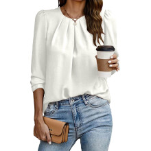 Womens Tops Dressy Casual Pleated Crew Neck Long Sleeve-White S
