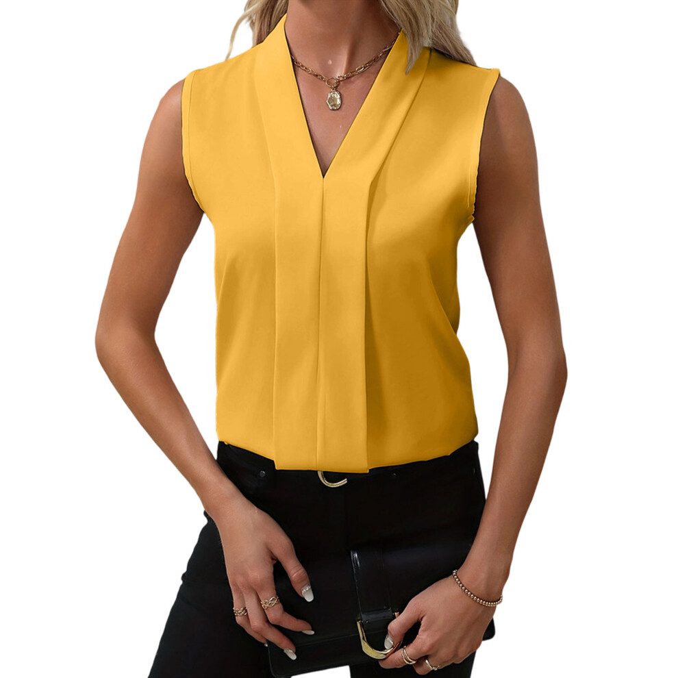 Yellow Women's Elegant V Neck Pleated Sleeveless Blouse- Xxl