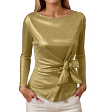 Women's Sparkly Tops Elegant Round Neck Long Sleeve-Gold XXL