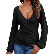 Fashion Long Sleeve Blouse for Women V Neck Loose Fit-Black M