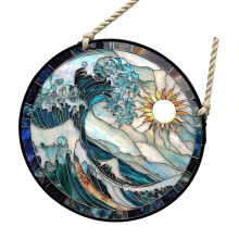 Stained Glass Window Hanging,Colorful Glass Panel Blue-A rope