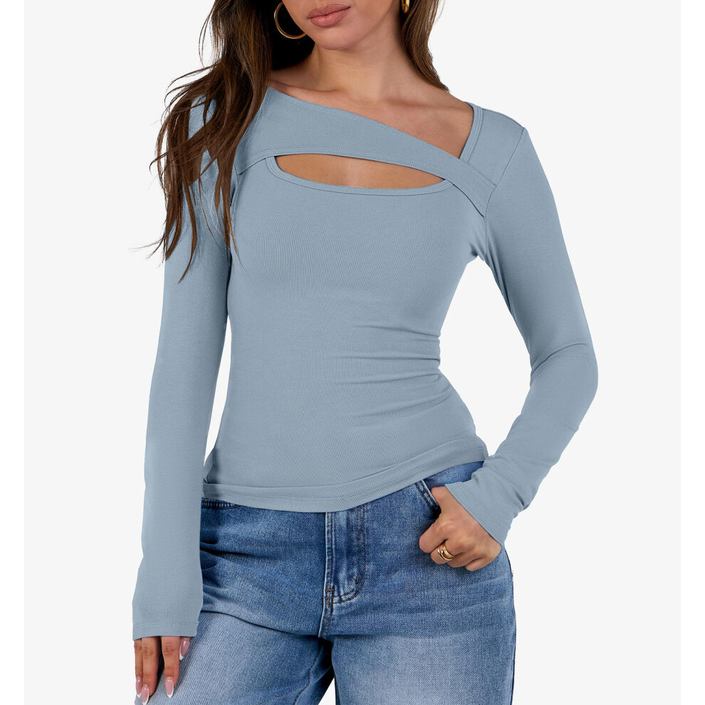 Women's openwork top, fashionable and sexy-Sky Blue XL