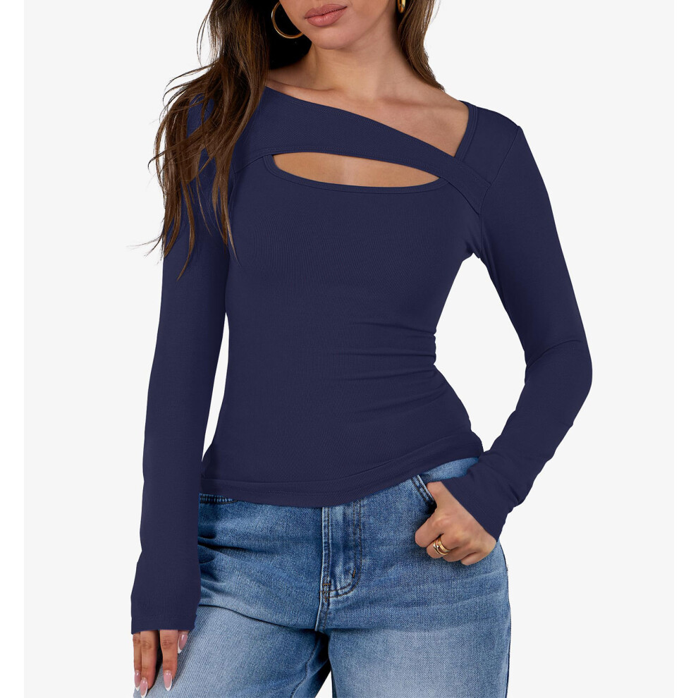 Women's openwork top, fashionable and sexy-Navy Blue S