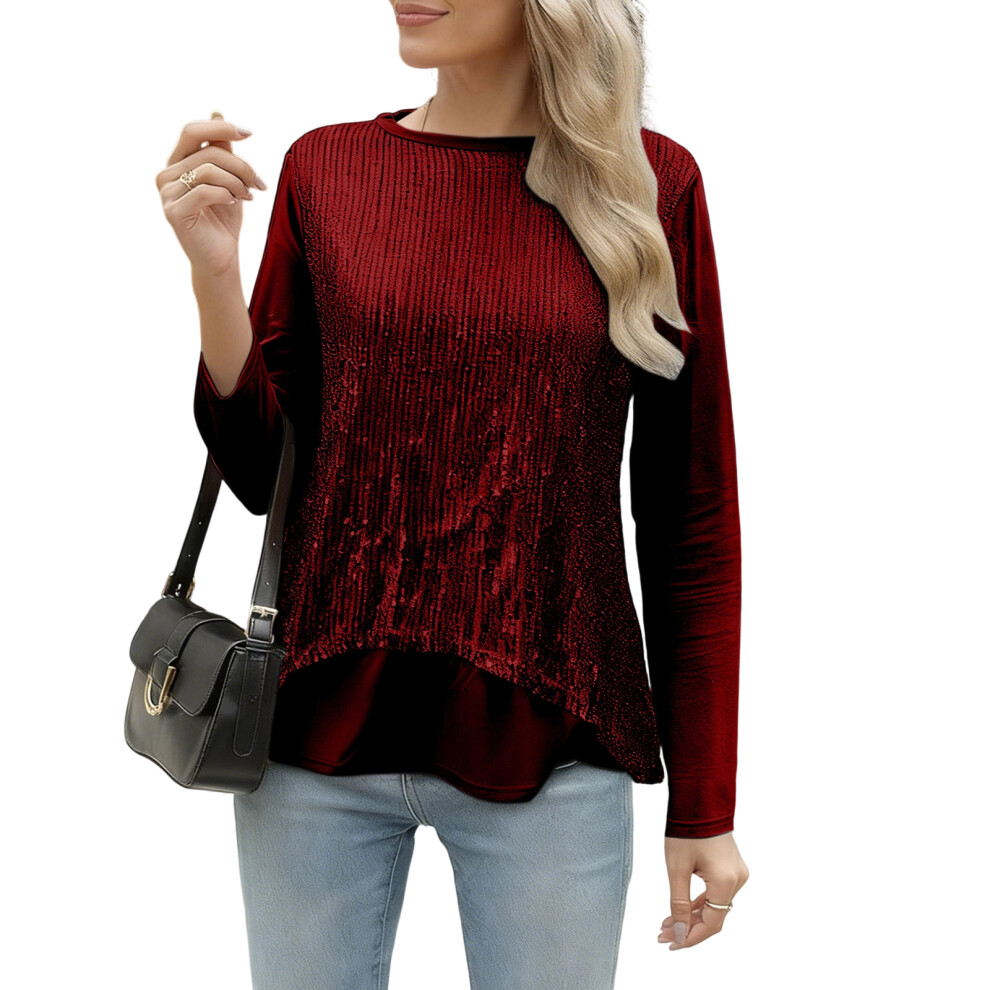 Red Women's Sequined Party Long-Sleeved Top- M