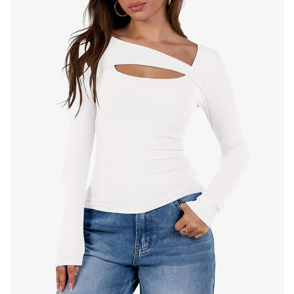 Women's openwork top, fashionable and sexy long-sleeved-White M