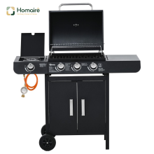 HOMAIRE Gasgrill BBQ Grillwagen s 3 hořáky, 1 boční hořák, reduktory tlaku, hadice, multifunkční, z černé oceli