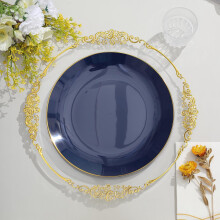 Marineblauwe plastic dinerborden met gouden rand, 10 stuks