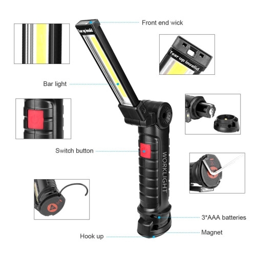 Luz de trabalho COB+LED com 5 modos, dobrável e com base magnética.