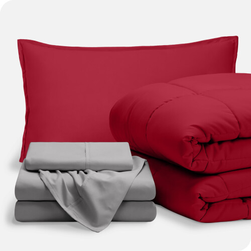 Bare Home 5-Piece Twin Bedding Set in Red and Light Grey