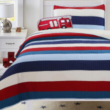Ensemble de courtepointe réversible à rayures bleu marine et rouges, pour lit simple