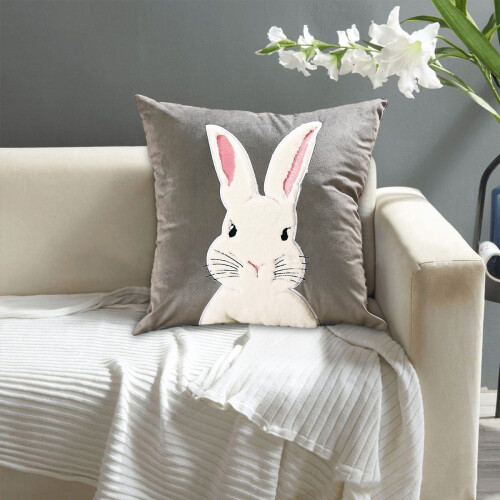 Housse de coussin décorative en velours avec lapin – Rose