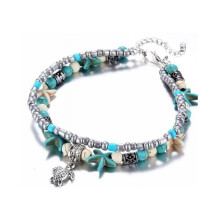 Pulsera tobillera bohemia para mujer con diseño de tortuga y estrella de mar.