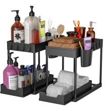 Under Sink Organizer with Hooks 2-Tier Sliding Drawer Black