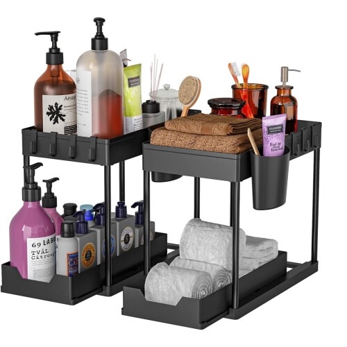 Under Sink Organizer with Hooks 2-Tier Sliding Drawer Black