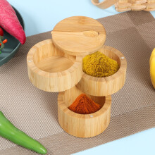 Pot à sel en bambou à 3 niveaux avec cuillère et couvercle magnétique