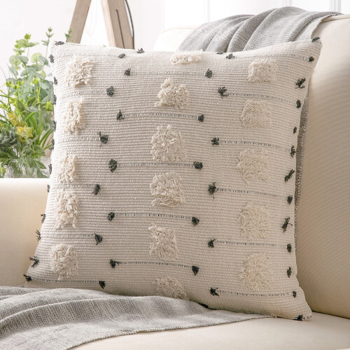 Boho Tufted Throw Pillow 18 x 18 Inch Beige Black Dot