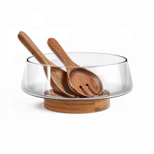 Glazen saladeschalenset met acaciahouten voet en bestek voor feestjes en diners