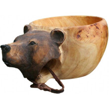 Hand Carved Bear Head Rubber Wood Mug, Portable with Hanging Leather Rope for Outdoor Camping Hiking Travelling Daily Use