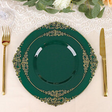 Platos redondos de plástico verde cazador – 20 cm, dorados