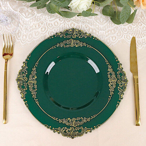 Piatti piani rotondi in plastica verde cacciatore – 20 cm, oro