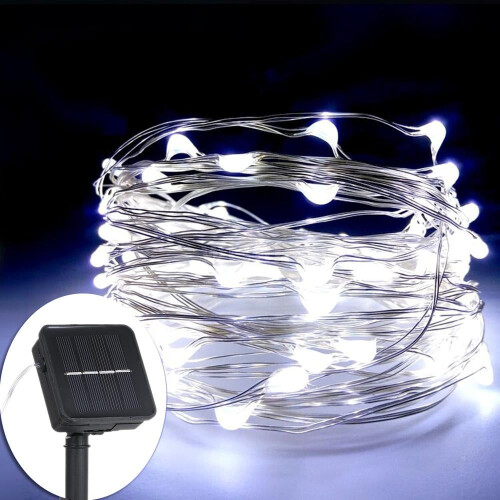 LED-lichtslinger op zonne-energie met koperdraad, 5-30 meter, wit.