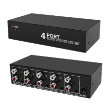 Splitter audio stereo in metallo 1x4, amplificatore di distribuzione alimentato a 12 V CC per prese europee.