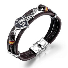 Men's Multilayer Leather Charm Bracelet Saxophone Music Note Woven Rope Chain Punk Zinc Alloy Double Safety Clasps PT324