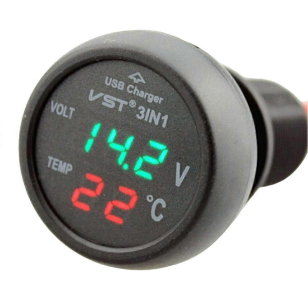 Car Voltmeter Tester 3 In 1 12/24V Led Display Thermometer 2.1A Usb Car Charger Cigarette Lighter Black 6966168140986