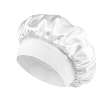 Schlafhaube aus weißem Satin mit breitem Gummiband für lockiges Haar, Schutz über Nacht, geeignet für die meisten Kopfgrößen und Frisuren.