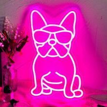 LED-Neonreklame „Französische Bulldogge mit Brille“, rosa, dimmbar, USB-betrieben, 26 x 40 cm, Wandmontage, freistehend
