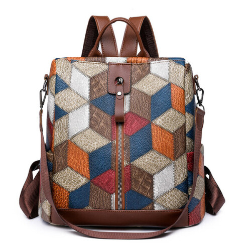 Women's Backpack Plaid Pattern Soft PU Leather Daypack with Polyester Lining
