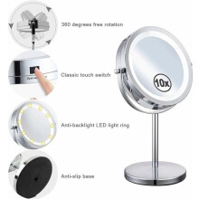 Doppelseitiger Vergrößerungsspiegel mit LED-Beleuchtung, 360 drehbar und verstellbar, mit abnehmbarem Standfuß und Ablagefach