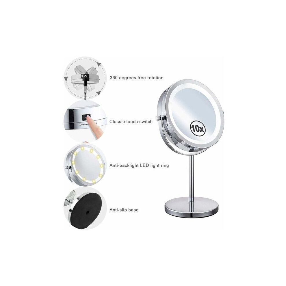 360 Rotating LED Makeup Mirror, Double-Sided 1x/10x Magnification, Adjustable Swivel with Detachable Base for Home and Travelling