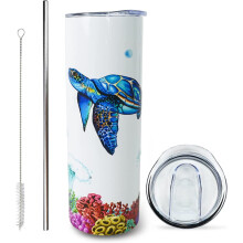 Gobelet isotherme en acier inoxydable de 590 ml (20 oz) avec couvercle et paille, motif tortue marine