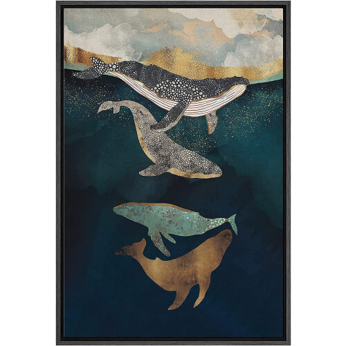 Tela impressa com baleias e pintas sob um mar azul, 61 x 91 cm (24 x 36 polegadas)