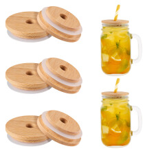8er-Pack Bambus-Einmachglasdeckel mit Strohhalmloch und Gummidichtung
