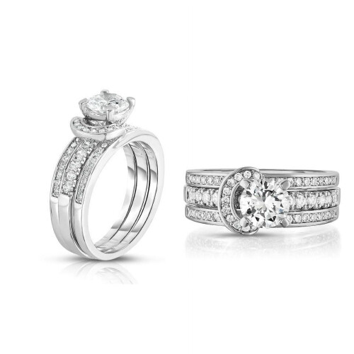 18k White Gold Interlock Ring and Band Set with Cubic