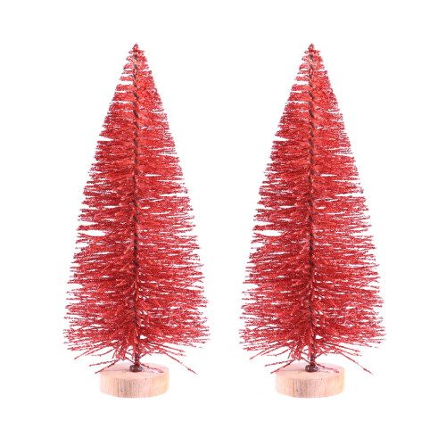 Mini Artificial Christmas Tree with Wood Base 2pcs Red