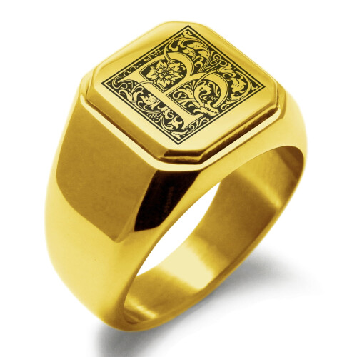 Rustfrit stål B monogram ring med blomstergravering, firkantet