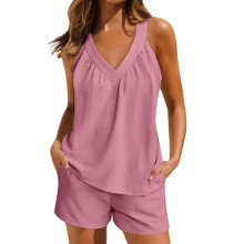 Linen Short Sets Women 2 Piece Outfits Vacation V-peach XXL
