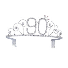 90th Birthday Tiara for Women, Silver Rhinestone Alloy Crown with Wavy 90 Motif and Secure Combs for Milestone Celebrations