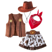 Girls 4Pcs Western Cowgirl Costume Set for 3-12 Years with Hat Scarf Vest Skirt for Stage Show Themed Parties Halloween