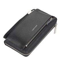 Men Clutch Bag BAELLERRY S1081 PU Leather Black Wrist Strap 12 Card Slots Large Capacity Zipper Fits Mobile Phone