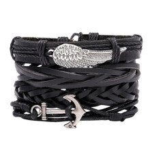 Bracelet Set of 4, Black Stainless Steel and Leather, Adjustable Wristband 16cm to 24cm