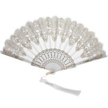 Folding Fan White Embroidered Handheld PP and Metal for Cooling Decoration Dancing Wedding Party Stage Performances
