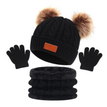 Kids' Black Scarf and Gloves, Stretchy Soft Warm Set with Delicate Gold Threads