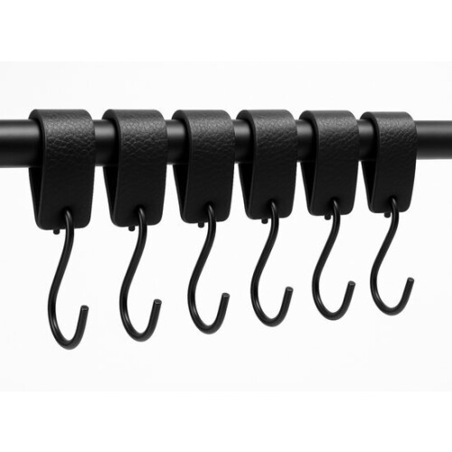 S-shaped Coat Hooks with Full Grain Leather Loop, Black and Silver for Kitchen Cabinet
